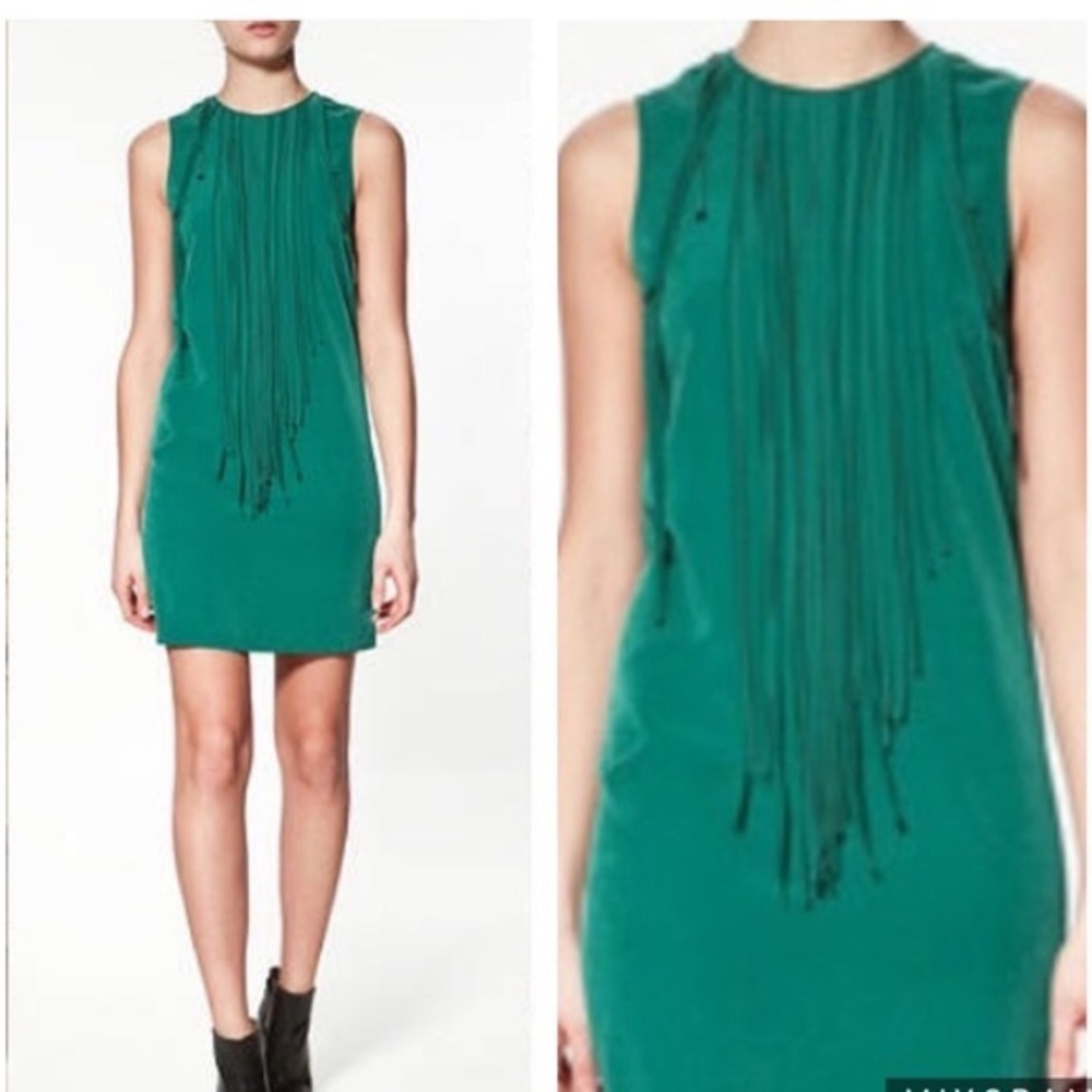 Zara Basic Green Fringe Sleeveless Mini Dress